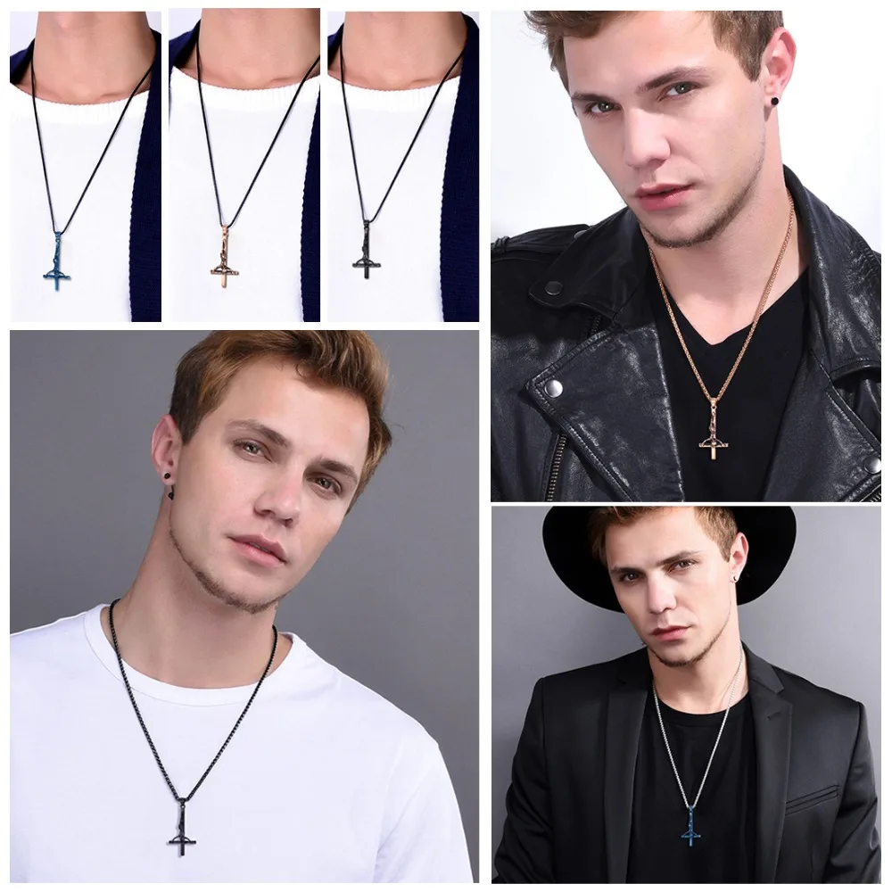 U7 Stainless Steel Inverted Cross Pendant Necklace Men Gothic Satanic Jewelry Rose Gold Color Upside-Down Cross of St. Peter