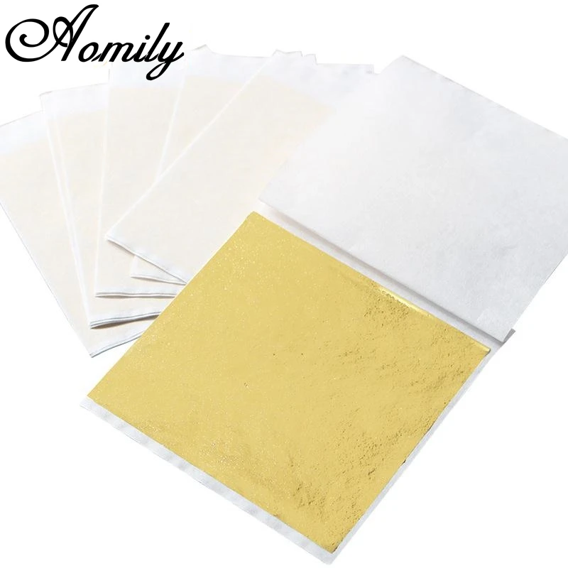 Aomily 9x9cm 100 Sheets Practical K Pure Shiny Gold Leaf for Gilding Funiture Lines Wall Crafts Handicrafts Gilding Decoration