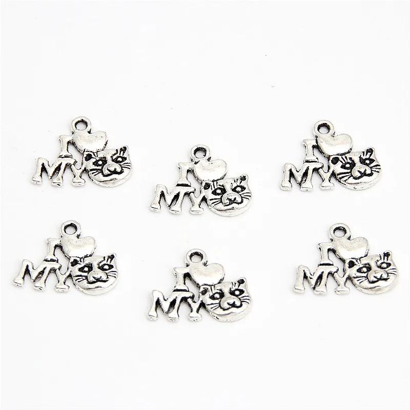 40pcs  Silver Color I Love Cat Charms Pendant For Jewelry Making Bracelet Accessories DIY Handmade A2955