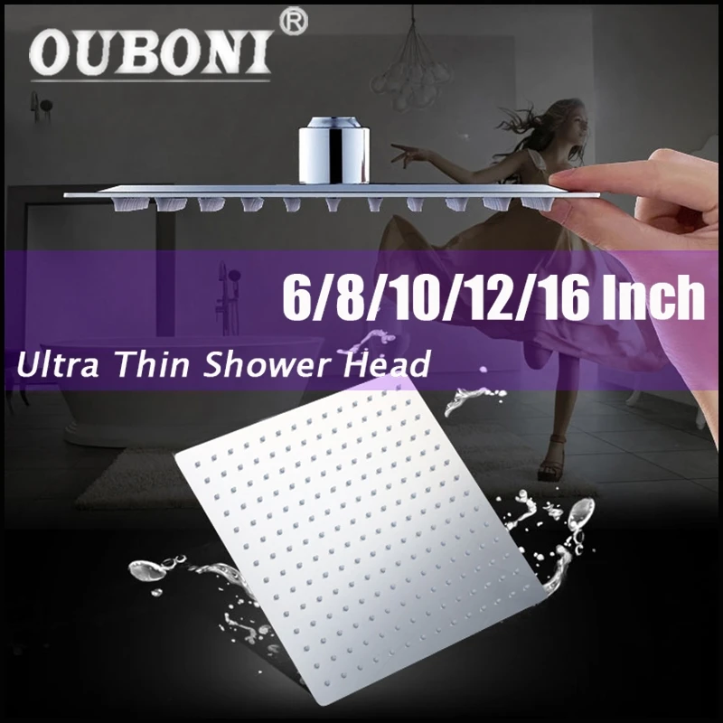 OUBONI Bathroom Shower Head 6 8 10 12 16 Inch Wall Mounted Chrome Stainless Steel Square Rain Shower Head Shower Sprayer