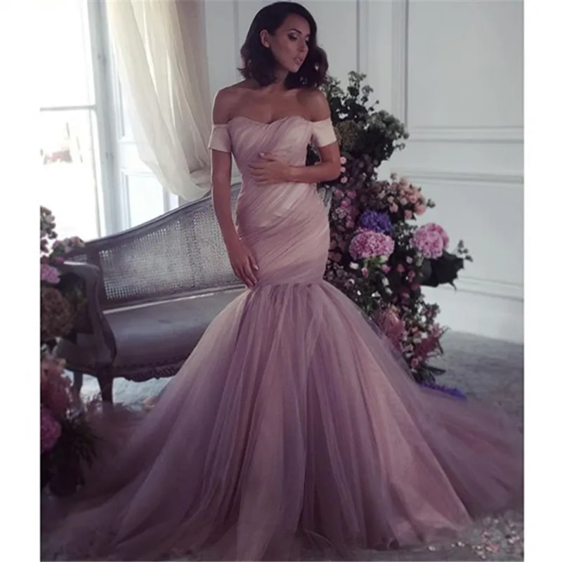 

Elegant Muslim Evening Dresses Mermaid Off The Shoulder Tulle Islamic Dubai Saudi Arabic Long Formal Evening Gown