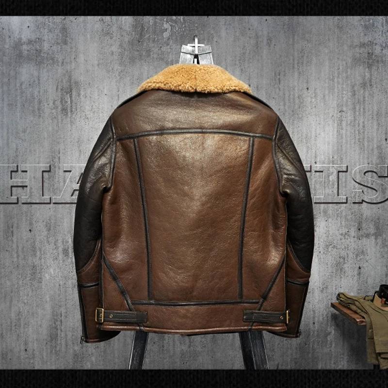 Men's Shearling Leather Jacket Light Brown B3 Jacket Men's Fur Coat Aviation Leathercraft Pilots Coat Original Flying Jacket