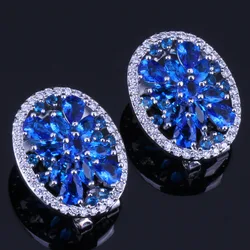 Magic Blue Cubic Zirconia White CZ Silver Plated Clip Hoop Huggie Earrings V0376