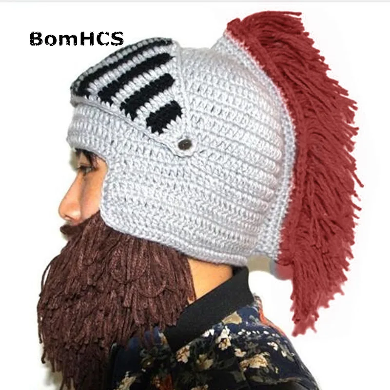 BomHCS Red Tassel Cosplay Roman Knight Knit Helmet Men\'s Caps Original Barbarian Handmade Winter Warm Beard Hats Funny Beanies