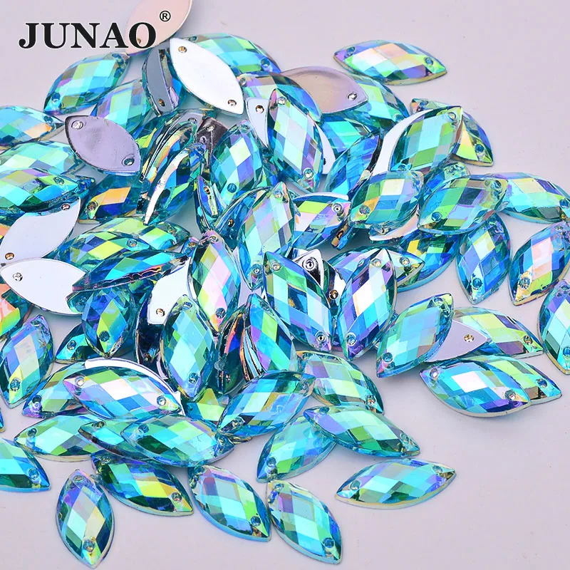 JUNAO 7x15mm Aqua Blue AB Crystal Sew On Horse Eye Rhinestone Applique Sewing Acrylic Gems Flatback Strass Beads for Clothes