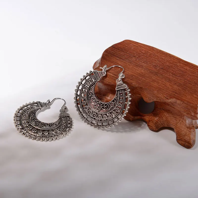Bohemia Ethnic Design Semicircle Vintage Pattern Bronze Ancient Silver Plated Drop Earrings Dangle Earrings For Women