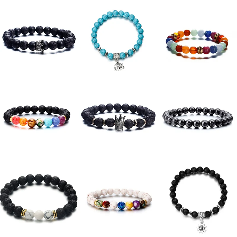 Hot Fashion Men's and Women's Bracelet Volcanic Stone Crown Elephant Sun Charm Bracelet Jewelry Suitable for Summer Beach Gift