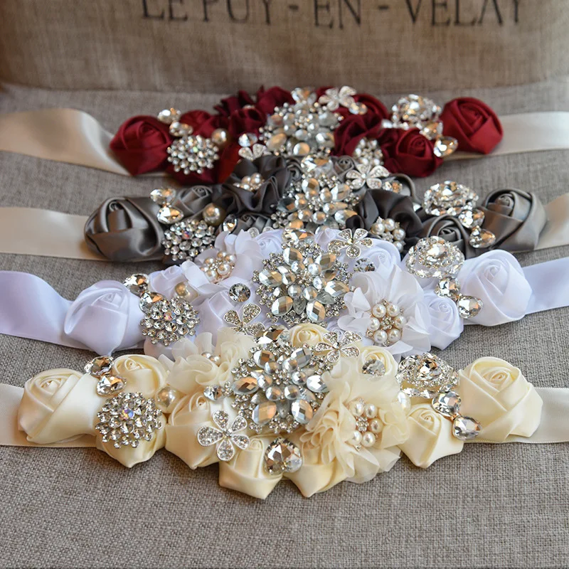 Beauty Emily Women Elegant Flower Sash Rhinestone Beaded Waistband Bridal Ribbon Cummerbunds Wedding Dress Waist Belt