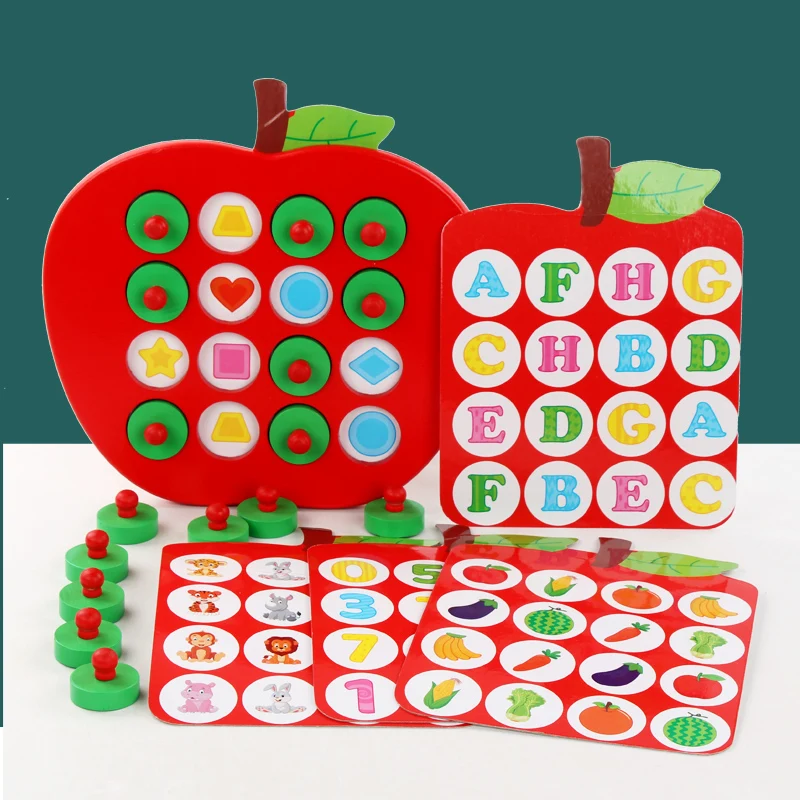 Kids Wooden Memory Match Chess Game Red Apple Early Memory Game Chess with Cartoon Animals Fruits Digitals Shapes Reference Card