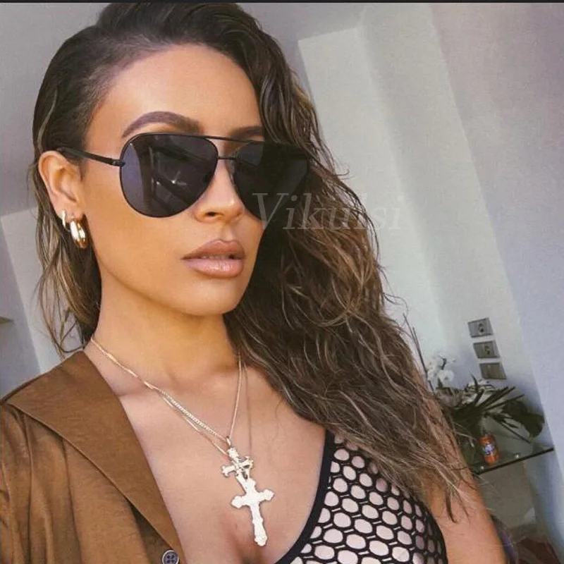 Óculos de sol gradiente preto para homens e mulheres, espelho prateado, óculos de sol de metal, designer da marca Pilot