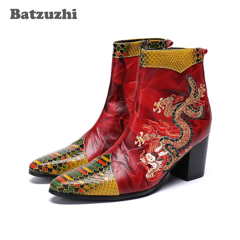 

Batzuzhi Brand Luxury Boots Men Pointed Toe Botas Hombre embroidery Dragon Genuine Leather Men Boots 7CM High Heel Party Wedding