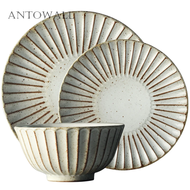 ANTOWALL 1pc Japanese style stoneware tableware home retro ceramic bowl fish plate dinner plate soup noodle salad bowl rice bowl