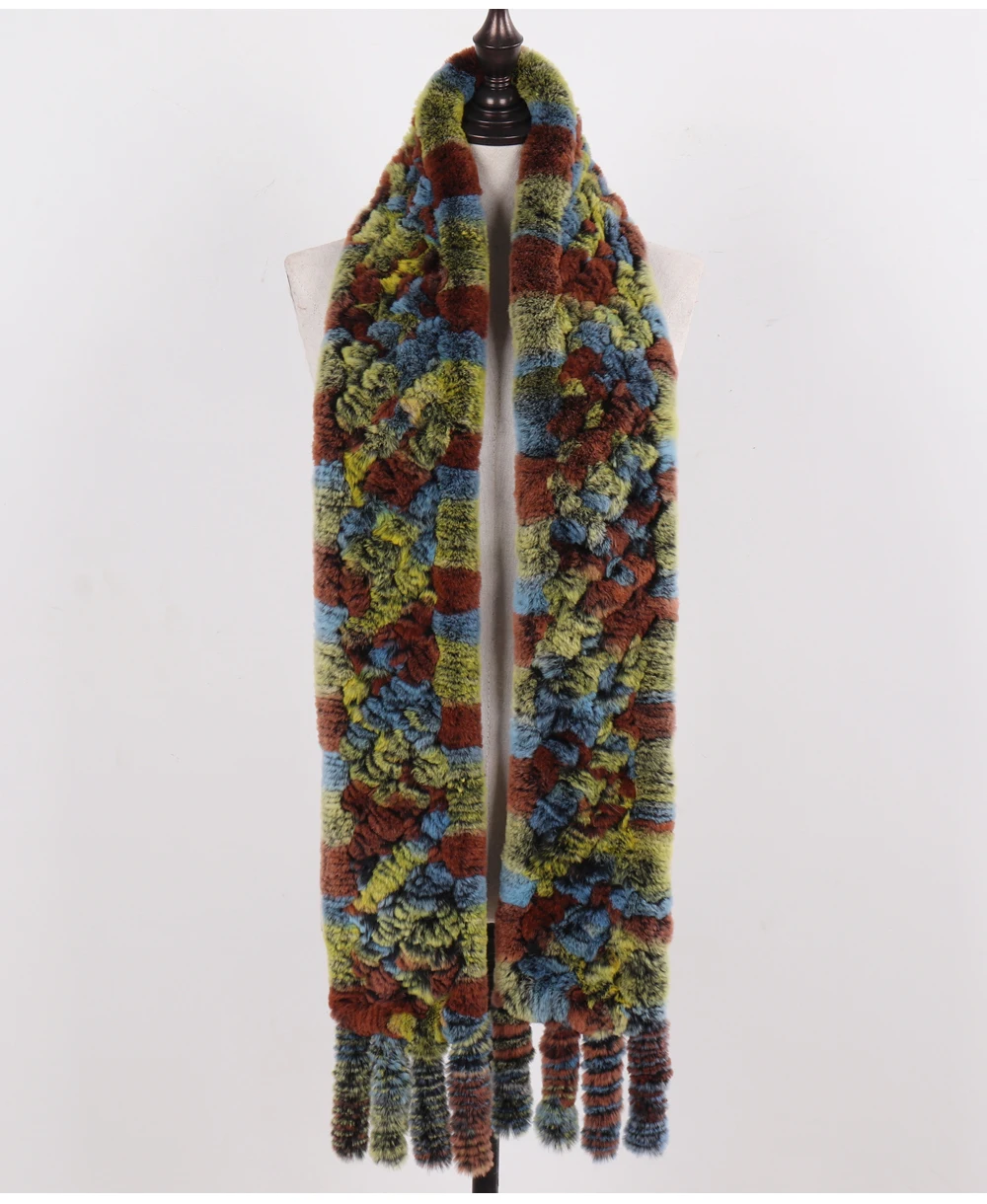 Neue Damen-Schals aus 100% natürlichem Rex-Kaninchenfell, langer Stil, gestrickte Rex-Kaninchenfell-Quastenschals, warme Echtfell-Schals für den Winter. – Detail 31