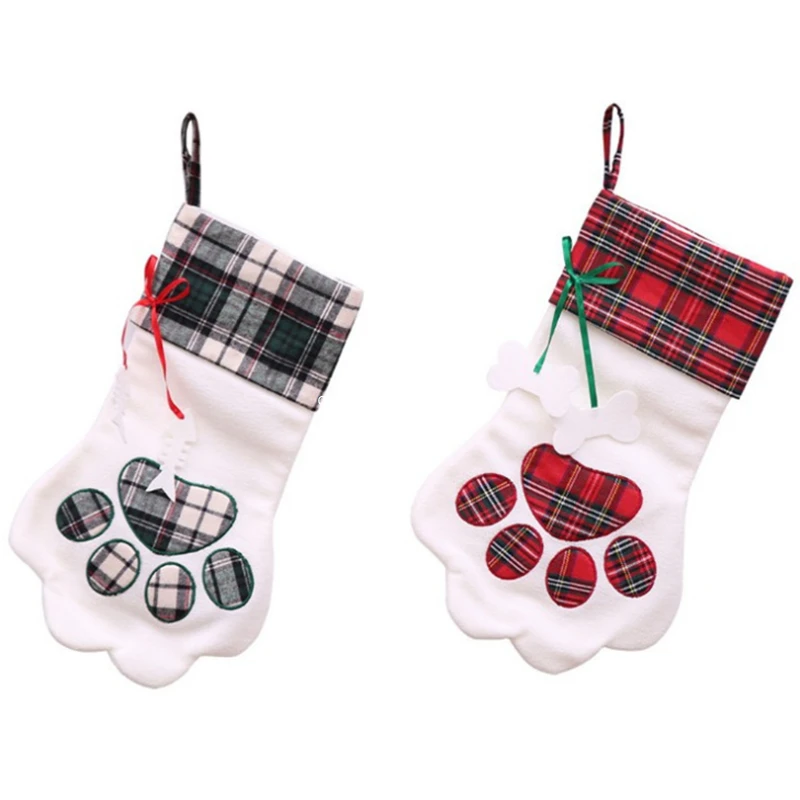 

20pcs Dog Paw Plaid Gift Bag Pet Christmas Stocking Animal Christmas Stocking for Kids Candy Bag Gifts Christmas Indoor Decor