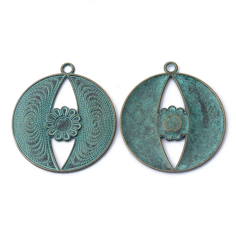 2pcs Verdigris Patina Antique Greek Bronze Patina Flower Round Big Charms Pendant For DIY Jewelry Pendant Making Finding