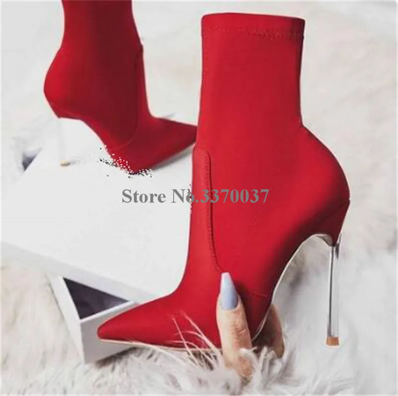 Brand Design Women Fashion Pointed Toe Suede Leather Stiletto Metal Heel Short Boots Pink Red Yellow High Heel Ankle Boots