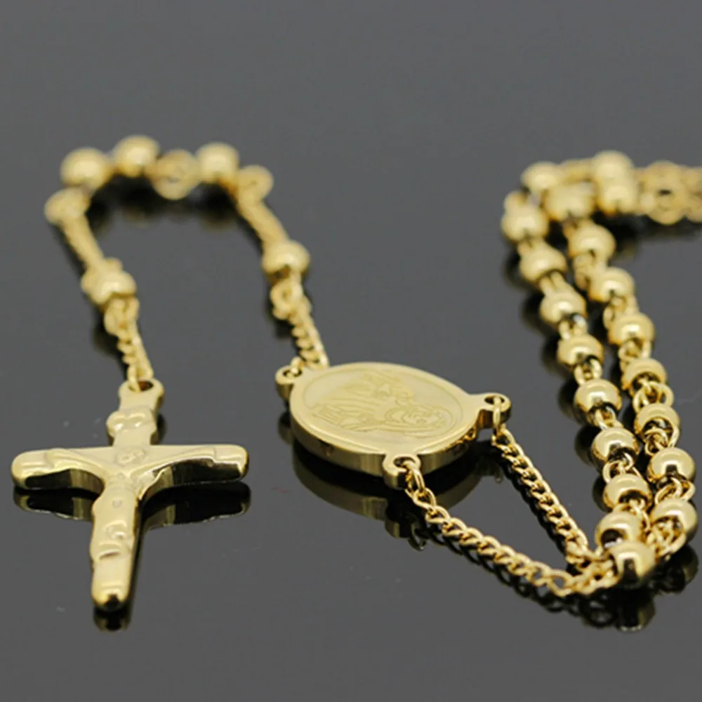 Gold / Silver Color Choose 316L Stainless Steel 4MM Rosary Beads Chain Necklace Cross Pendant