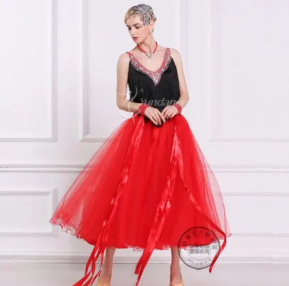 

customize red tassel rhinestone sleeveless Fox trot Waltz tango salsa competition ballroom dance dress