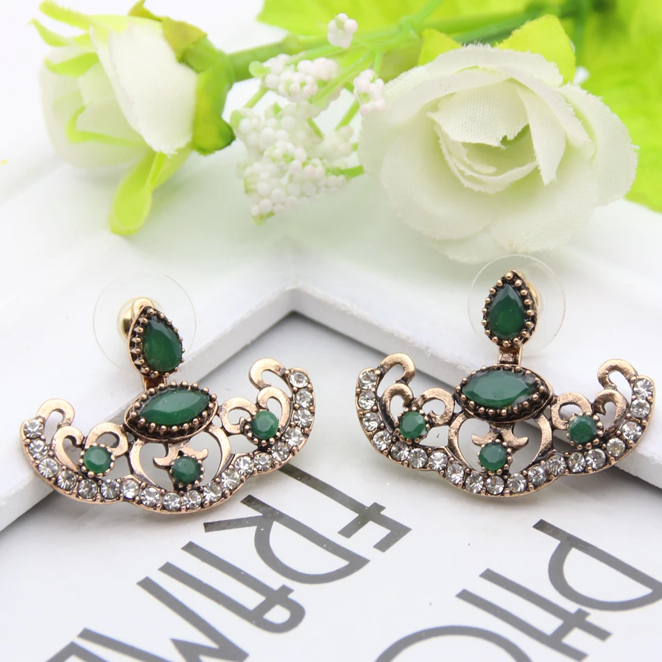 Vintage Turkish Women Resin Hollow Flower Earrings Crystal Antique Gold Color Adjustable Length Earrings Bridal Ethnic Jewelry