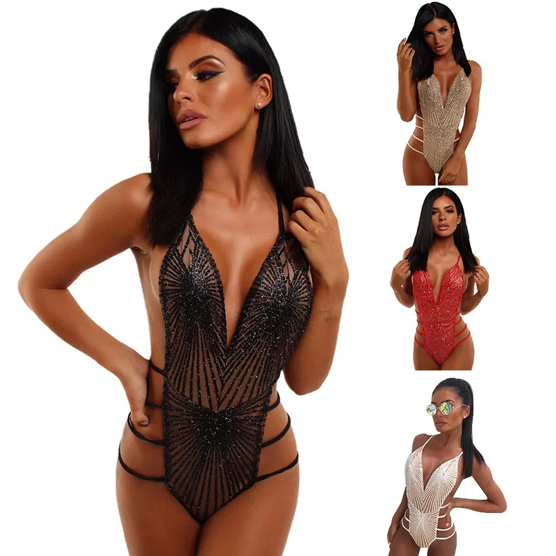 BKLD 2019 Zomer Nieuwe Vrouwen Bodysuit Sexy Mouwloze V-hals Backless Bandage Hollow Out Lovertjes Clubwear Vrouwen Rompertjes Jumpsuit