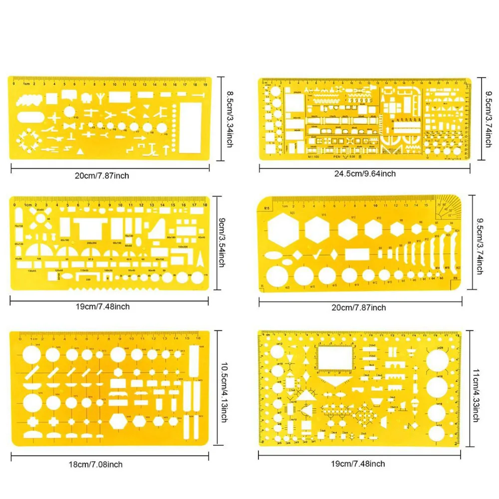 XRHYY 6 Pcs Geometric Drawings Templates Measuring Rulers Plastic Clear Yellow Plastic Rulers for Studying, Designing & Building