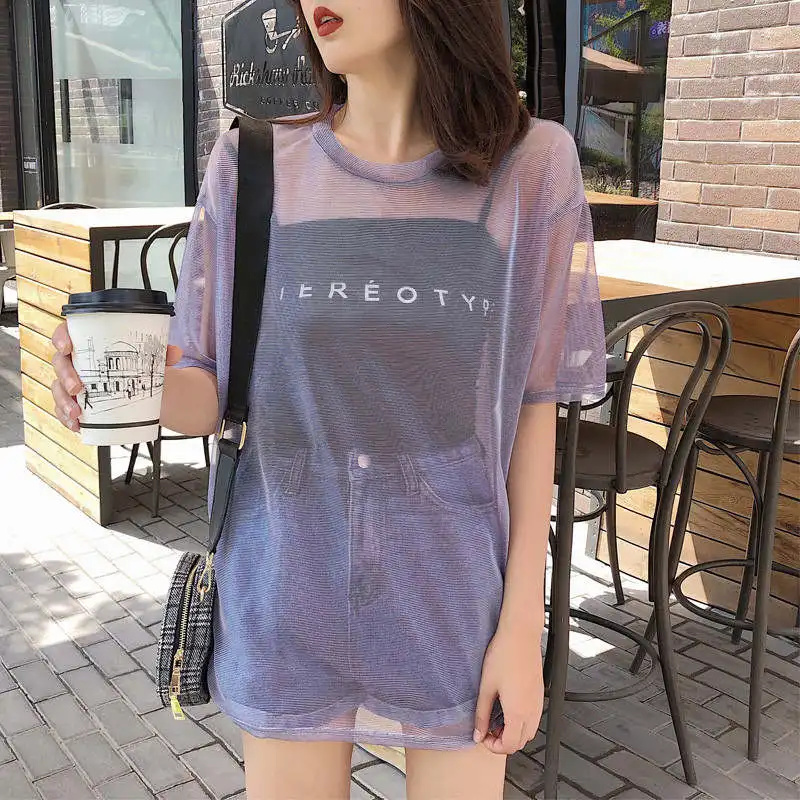 2019 Fashion Hollow Out T Shirt Women Sexy Transparent Summer Female Tops Casual Short Sleeve Two Women Sets T-Shirts+Vest