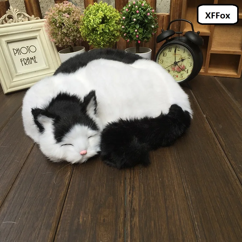 big real life sleeping cat model plastic&furs new black&white cat gift about 29x31x10cm xf1428