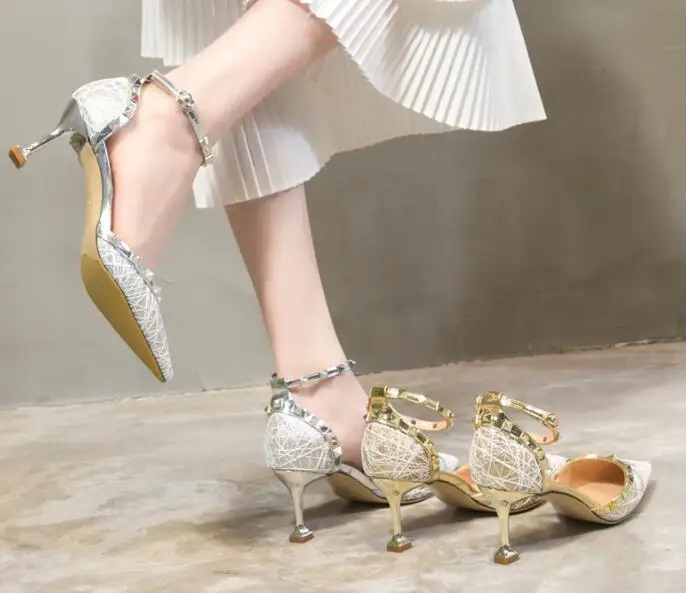 Carpaton Fashion Rivets Studded High Heel Shoes Woman Sliver Glitter Ankle Strap Thin Heels Wedding Shoes Pointed Toe Pumps