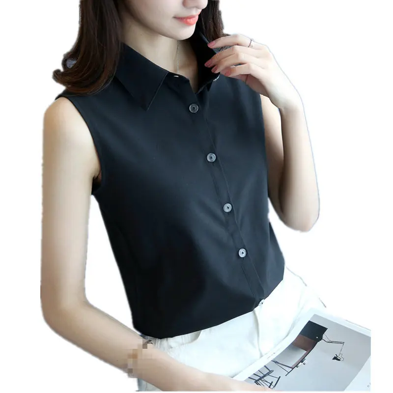 Fashion Women  Turn Down Collar Blouse Sleeveless Plus Size 4XL Solid Color Shirt Elegant Casual Brand Design Tops MZ1504