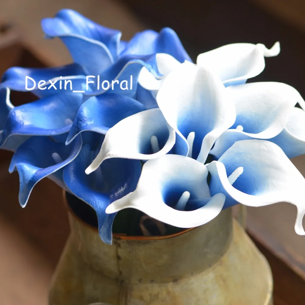 Picasso Royal Blue Calla Lilies Real Touch Flowers For Silk Wedding Bouquets, Artificial Calla Lily Artificial Flowers