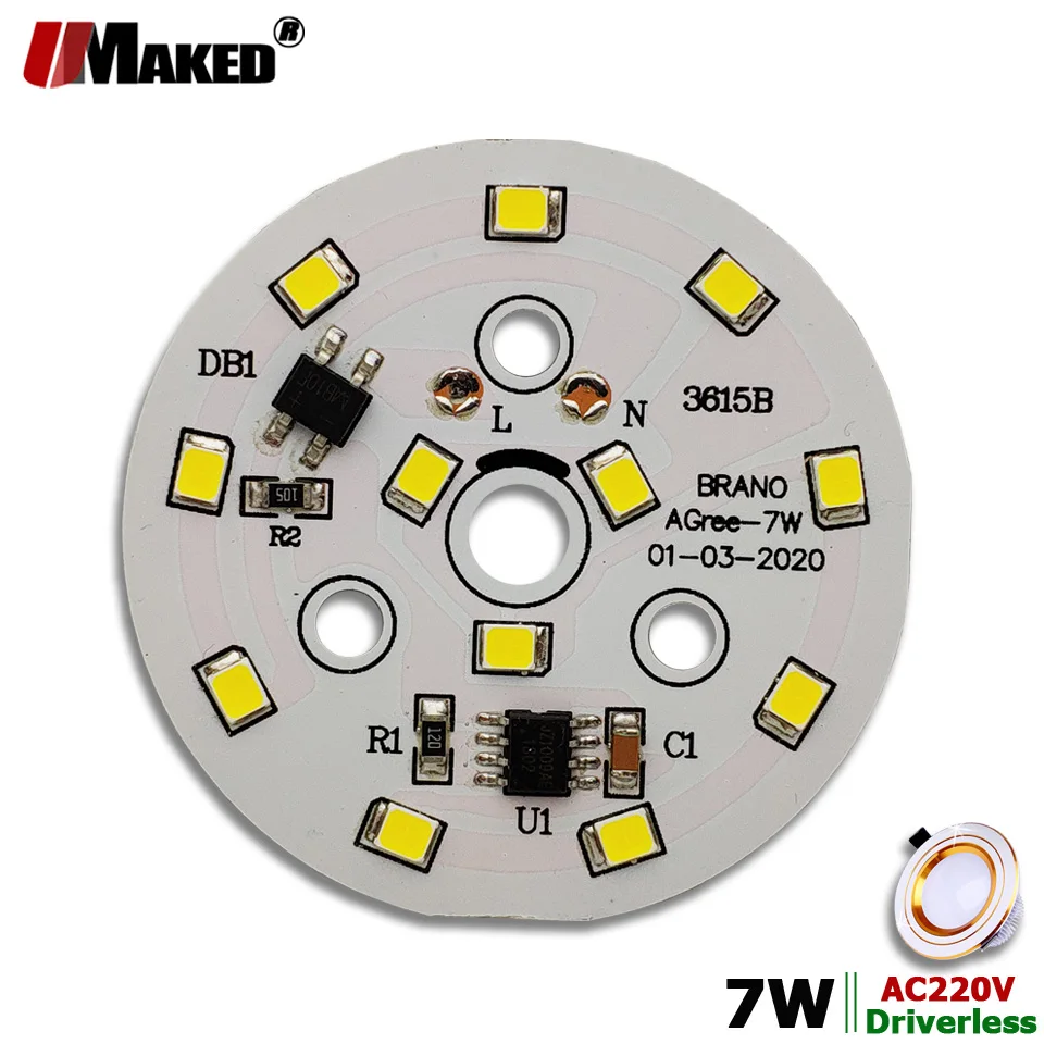 AC220V LED Module 7W 50mm 700lm Downlight PCB Aluminum plate White/Warm SMD2835 Smart IC Driver For Downlight Ceiling Lamps DIY