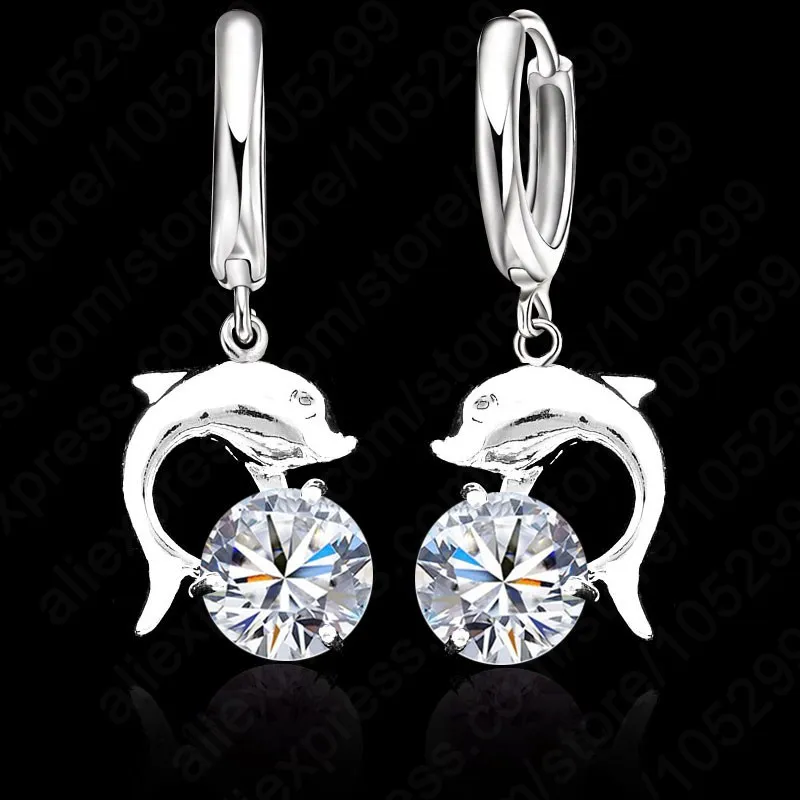 Hot Sale 925 Sterling Silver Cubic Zirconia Lever Back Loop Earrings Lovely Dolphin Design Jewelry For Woman Girl