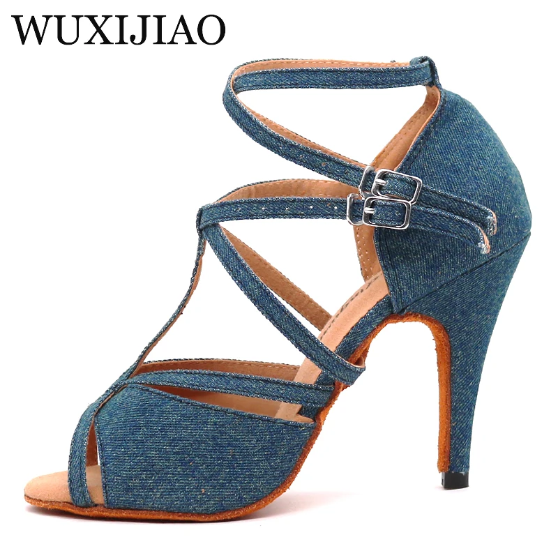 WUXIJIAO Denim Fabric Women Professional Latin Dance Shoes Salsa Ballroom Samba Dance Shoes Ladies High Heels Soft Heel 5-10cm