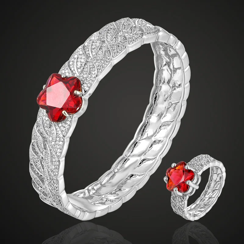 Zlxgirl brand Red color cubic zirconia flower bangle with ring jewelry set fashion women size copper pave setting bracelet sets