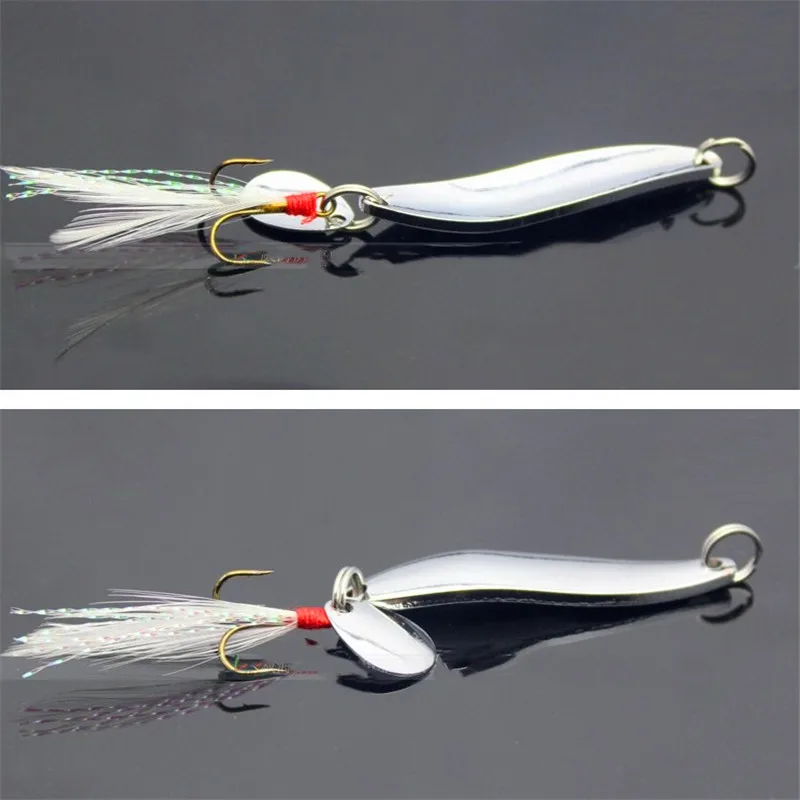 FISHINAPOT 1PCS Metal Sliver 5g 7g 10g 13g Błystki Łyżka przynęta wędkarska Twarda przynęta Cekiny z haczykiem z piórami Bass Treble Hook