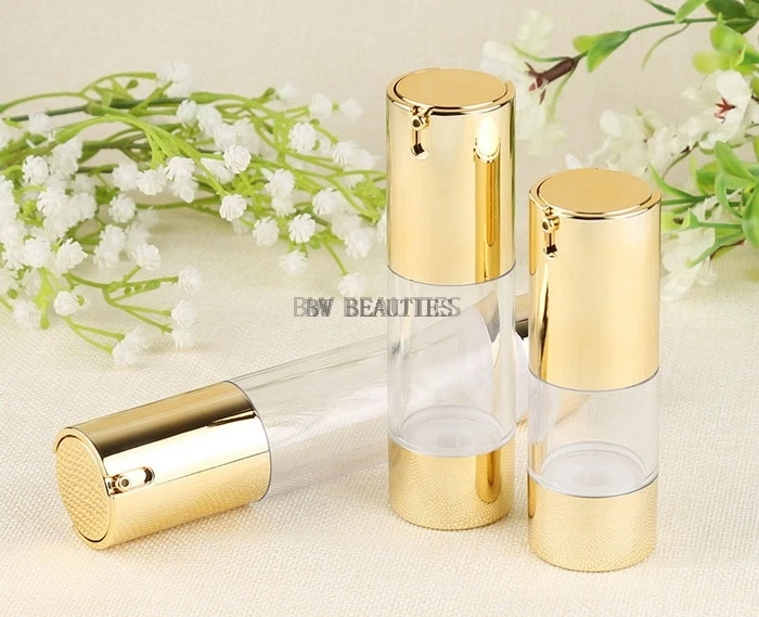 

300pcs/lot Golden 15ml 30ml 50ml Airless Pump with Clear Body Bottle By Self Empty Reusable Refillable Diy Skin Care Creations