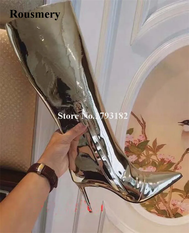 

Women Sexy Pointed Toe Silver Mirror Patent Leather Knee High Boots Zipper-up Long High Heel Boots Charming Dress Shoes