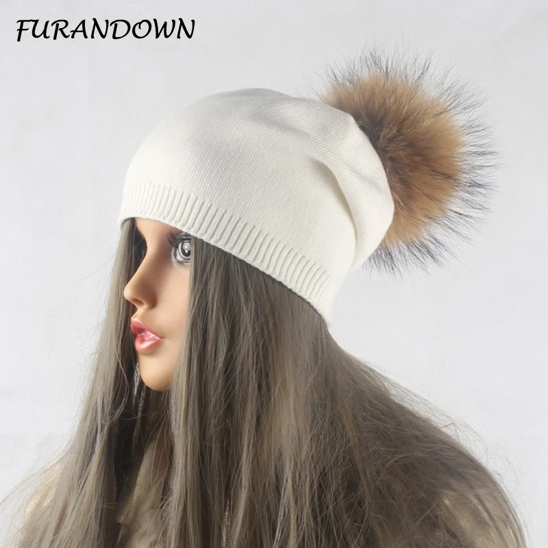 Gorro de punto cálido para mujer, gorros de lana, gorro de Cachemira informal, Gorro con pompón de piel de mapache Real, Otoño e Invierno