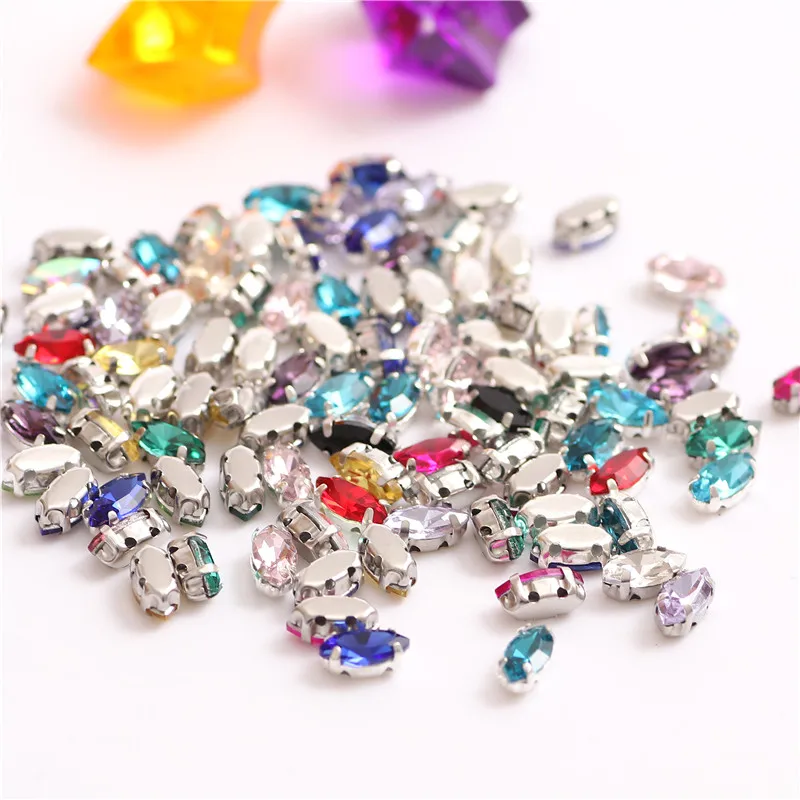 New 4x8mm Glass Sew on rhinestone Hose Eye shape witn Silver claw Crystal for diy clothing accessories