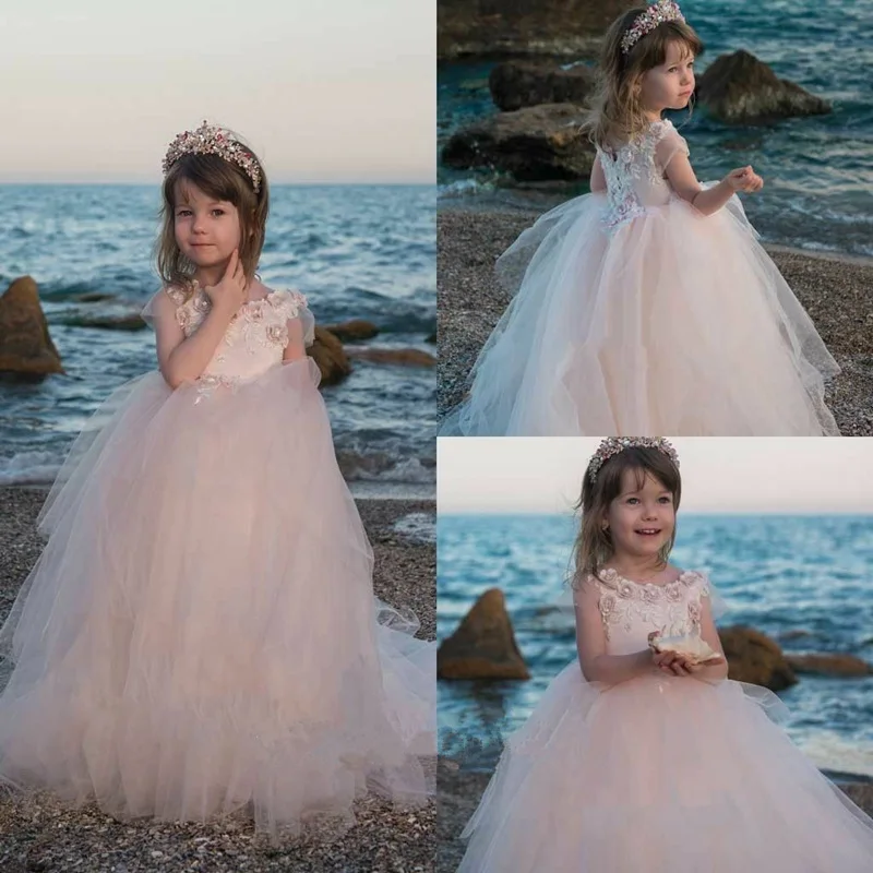 

Gorgeous pink Flower Girl Dress Lace appliqué sleeveless Get together Tulle Fluffy For Girl First communion Birthday Dresses