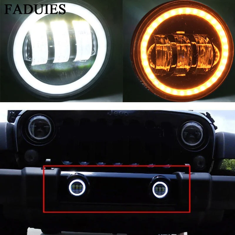 

FADUIES Pair 4 Inch Round Led Fog Light Yellow Turn Halo Ring & White Lamp DRL Bulb Angle Eyes for Jeep Wrangler JK LJ TJ