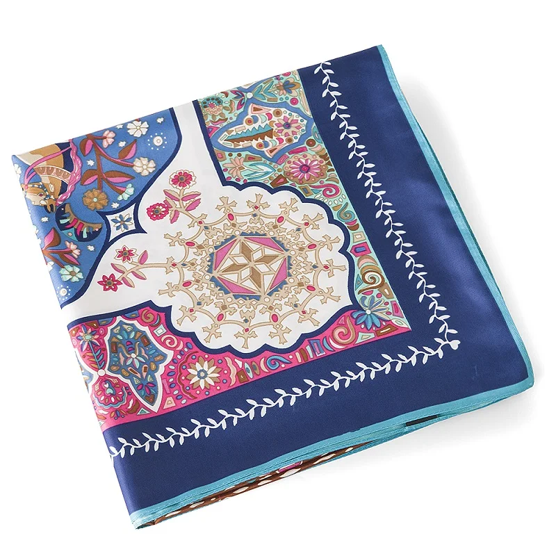 POBING Silk Scarf Women Square Scarf Big Neckerchief Palace Garden Foulard Woman Scarves Silk Scarf Hijab Lady Accessory