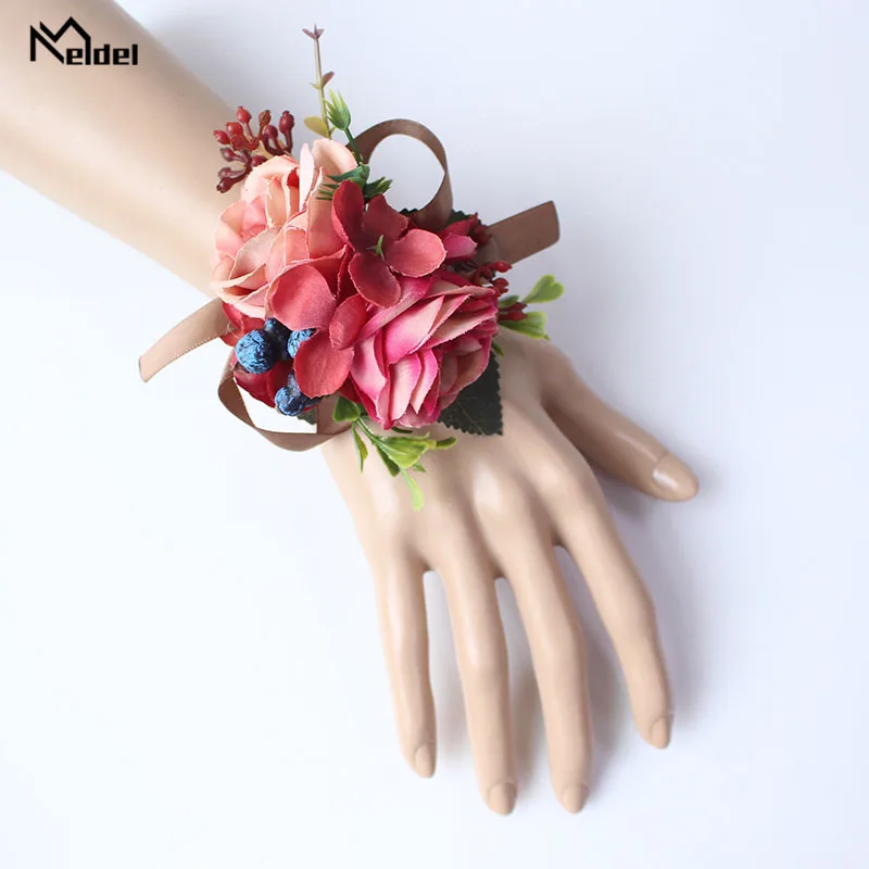 Meldel Corsage เจ้าบ่าว Boutonniere PIN เจ้าสาวสายรัดข้อมือ Blue Burgundy เพื่อนเจ้าสาว Rose ดอกไม้สร้อยข้อมืออุปกรณ์จัดงานแต่งงาน