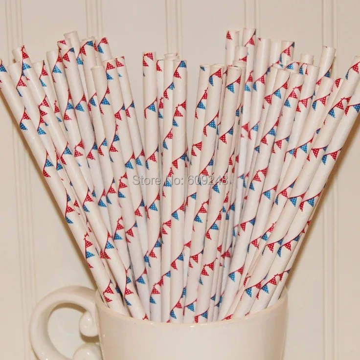 100 Pcs Mixed Colors Blue Red Bunting Flags Printed Paper Straws,July 4th Decorative Patriotic Party Paper Drinking Straws