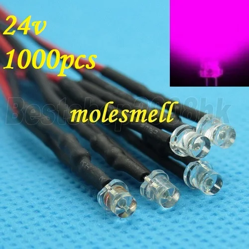 

1000pcs 3mm 24v Flat Top Pink LED Lamp Light Set Pre-Wired 3mm 24V DC Wired 3mm big/wide angle Pink 24v led