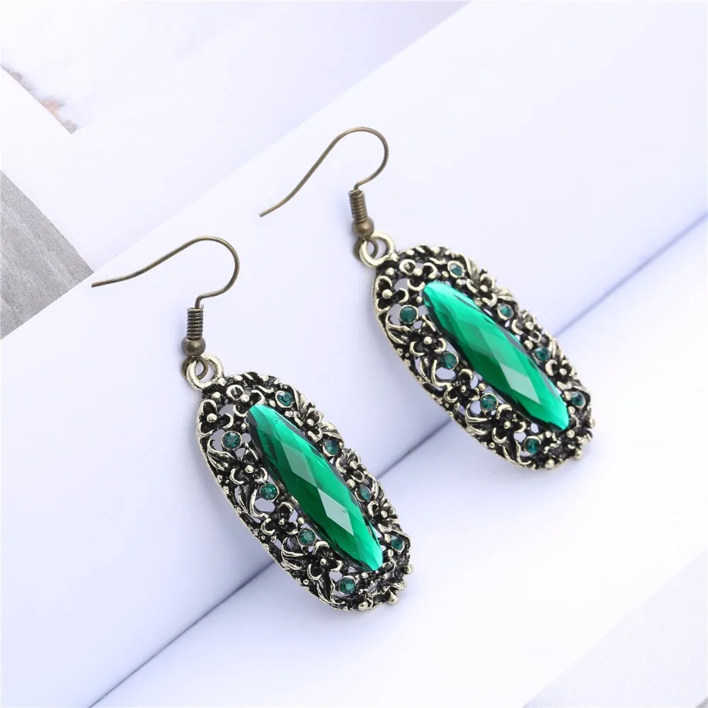 2019 Oval drop royal blue crystal rhinestones queen kate party earrings vintage bronze palted female fashion jewelry 1106