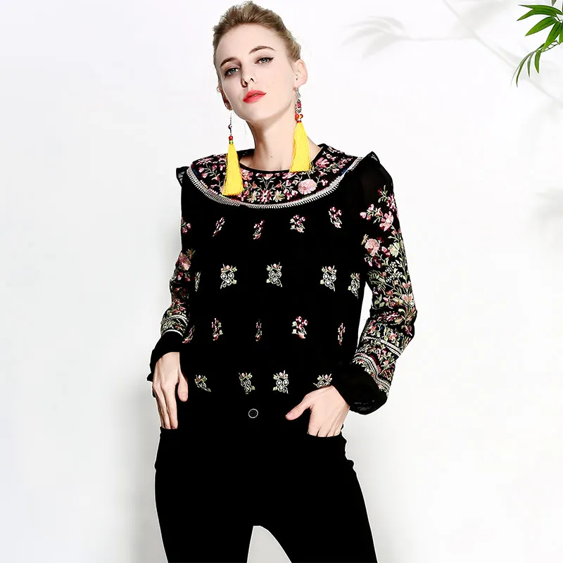 

Women's blouse shirt spring and summer runway new retro folk embroidery loose ladies black/white shirt lantern sleeve top M-XXL