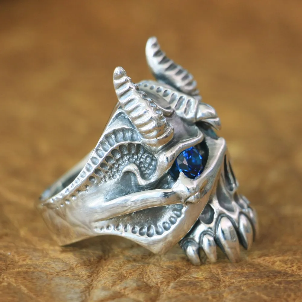 LINSION 925 Sterling Silver Bison Horn Devil Demon CZ Eyes Skull Mens Biker Ring TA127 US Size 7~15