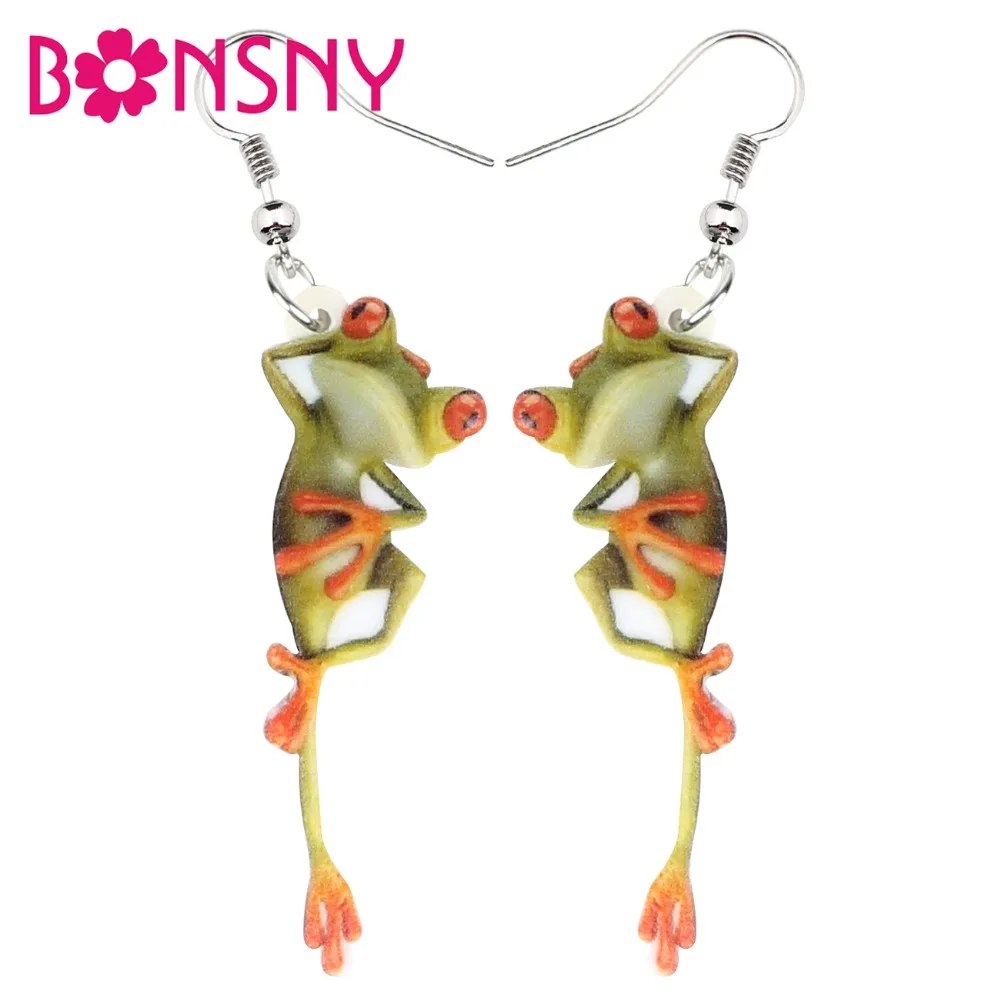 Bonsny Acrylic Cartoon Cute Frog Earrings Drop Dangle Big Long Novelty Animal Jewelry For Women Girls Teen Charms Wholesale Gift