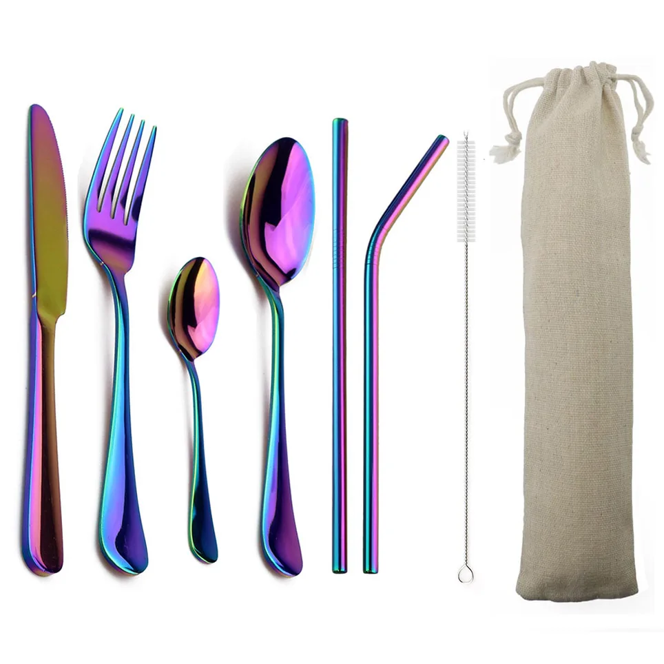 4-Pcs Blue Dinnerware with 2-Pcs Metal Straw Stainless Steel Colorful Tableware Knife Fork Teaspoon Silverware Cutlery
